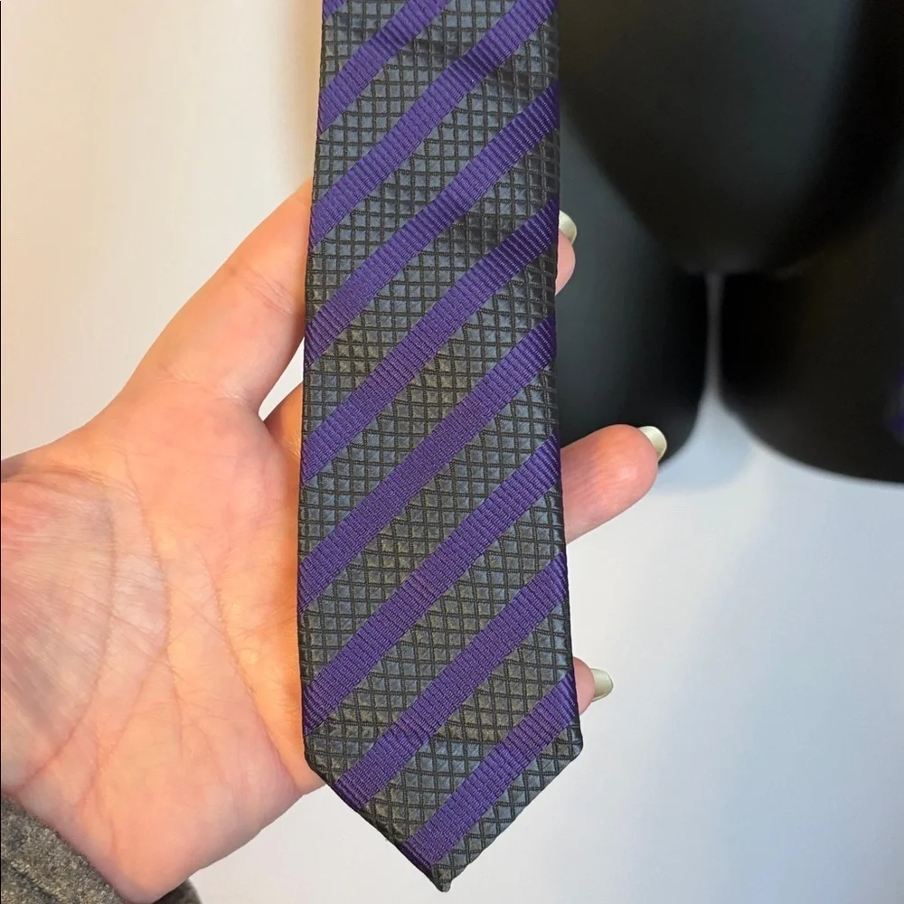 Valentino Gray Silver Purple Striped Thin Textured Necktie Tie